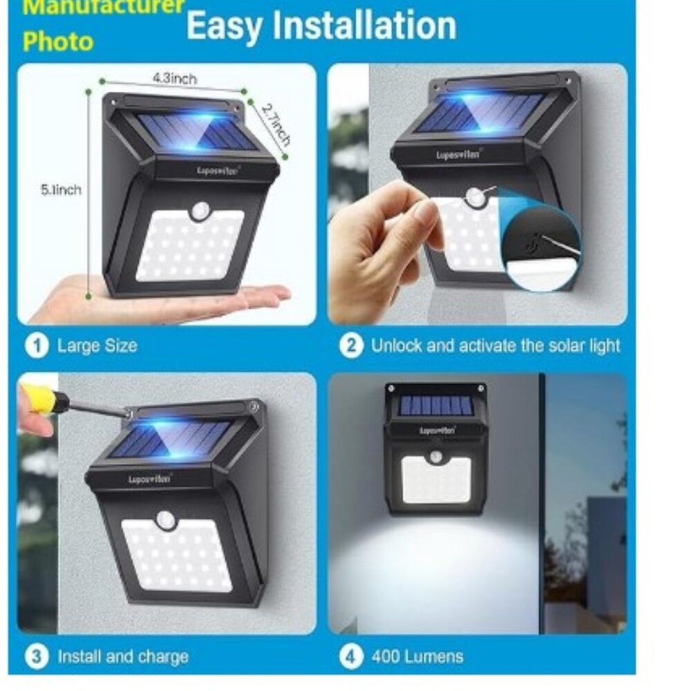 NIB - 4 pack - Outdoor, Solar, Motion Sensor, Wireless Waterproof Wall Lights